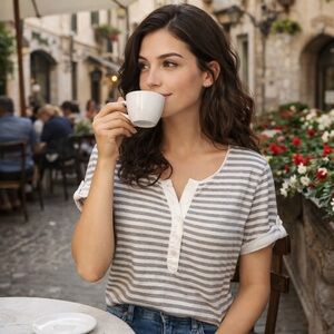 Josephine Chaus Sport Striped Henley Top Gray White Cotton Short Sleeve Size M